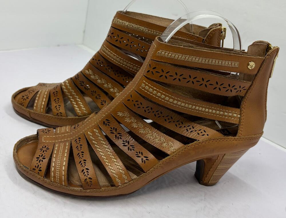 Pikolinos Leather Cutout Back Zip Gladiator Stacked Low Heels Size 39 EU 8.5 US